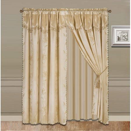 Gold Silk Curtain Panels NADA GOLD COMPLETE WINDOW CURTAIN SET 2 panels faux silk LEAF FLORAL 2 PANEL solid SHEER 2 attached VALANCE 2 TASSEL THICK HEAVY WINDOW CURTAIN drape 63