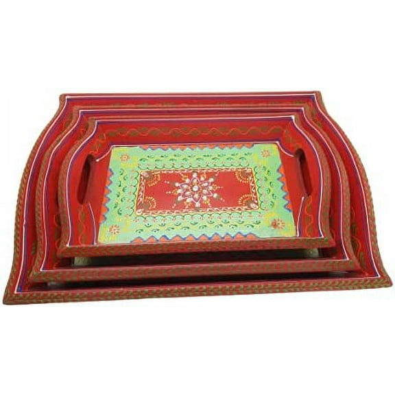 India Meets India Handmade Wooden Serving Tray w/ Meenakari and Crystal Stone Artwork [RED], Kitchen/Table & Home Decor/Dinning/Gifts/Restaurants/Living Room/Coffee Table, Set of 3