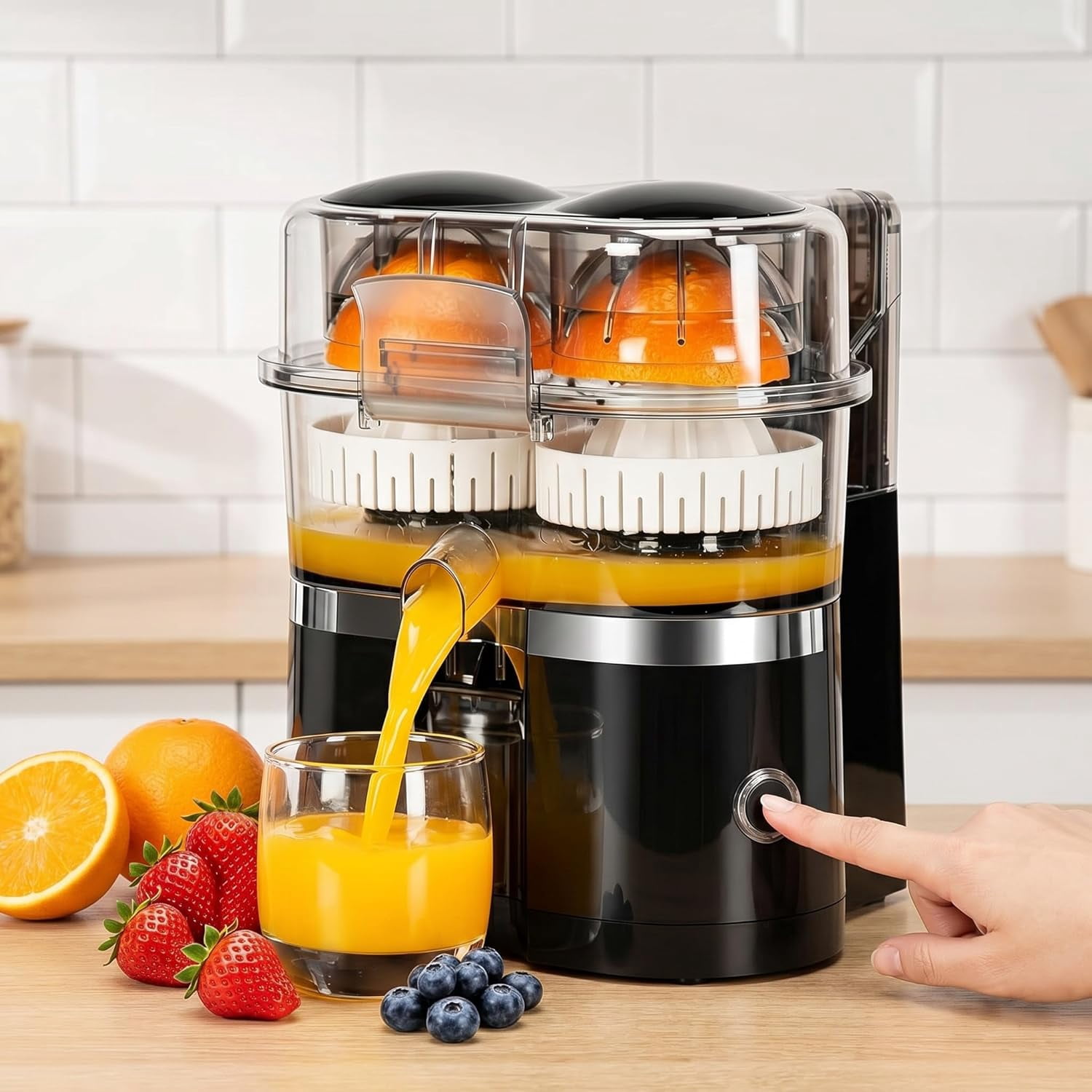 Dual-Head Automatic Citrus Juicer, Dual-Head Electric Citrus Juicer, Portable Lemon Squeezer Machine with Built-In Cutter and Cleaning Brush, One-Touch Squeezer for Orange & Lemon (#A)