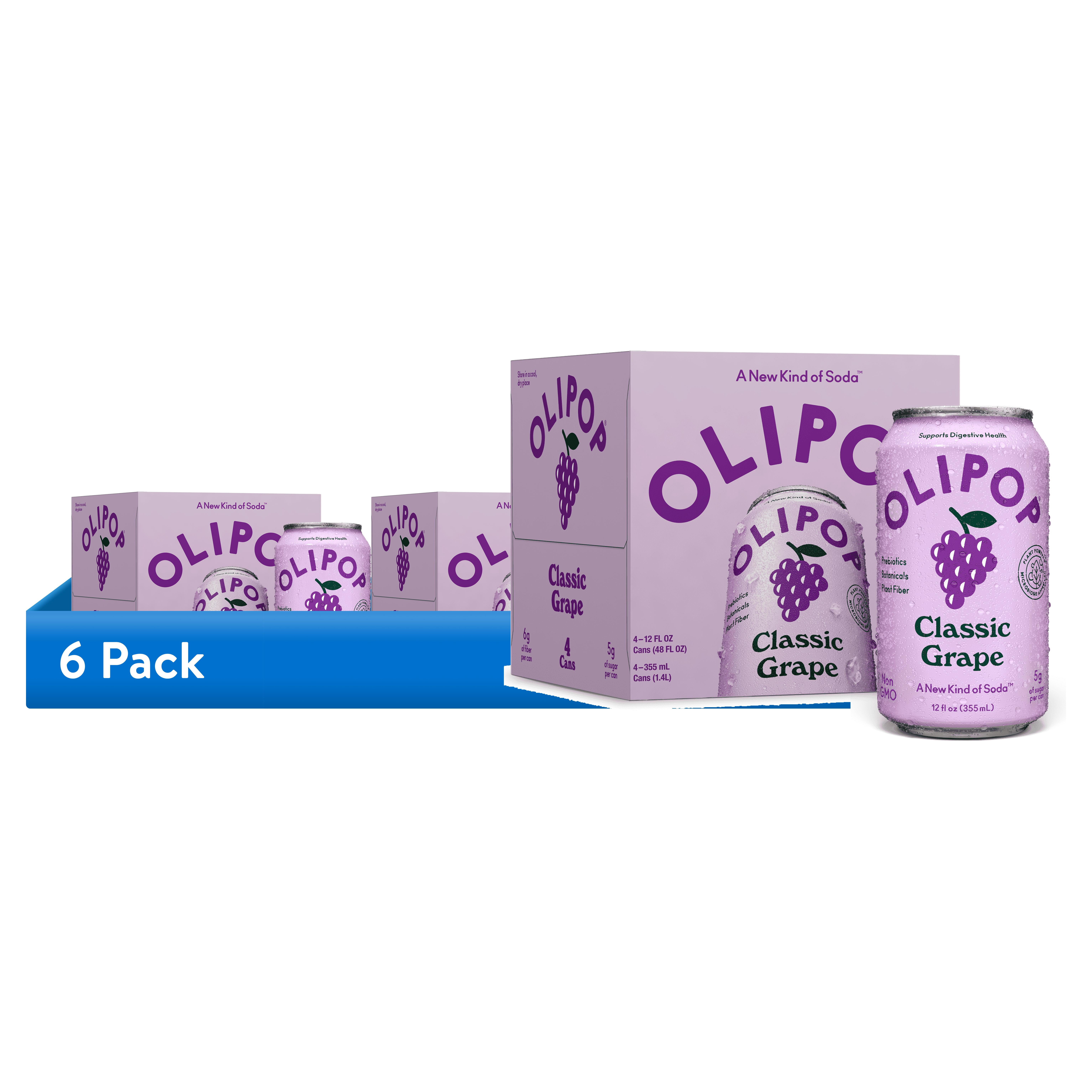 (6 pack) OLIPOP Prebiotic Soda, Classic Grape, 12 fl oz, 4 Pack, Pantry Packs (24 Total Cans)