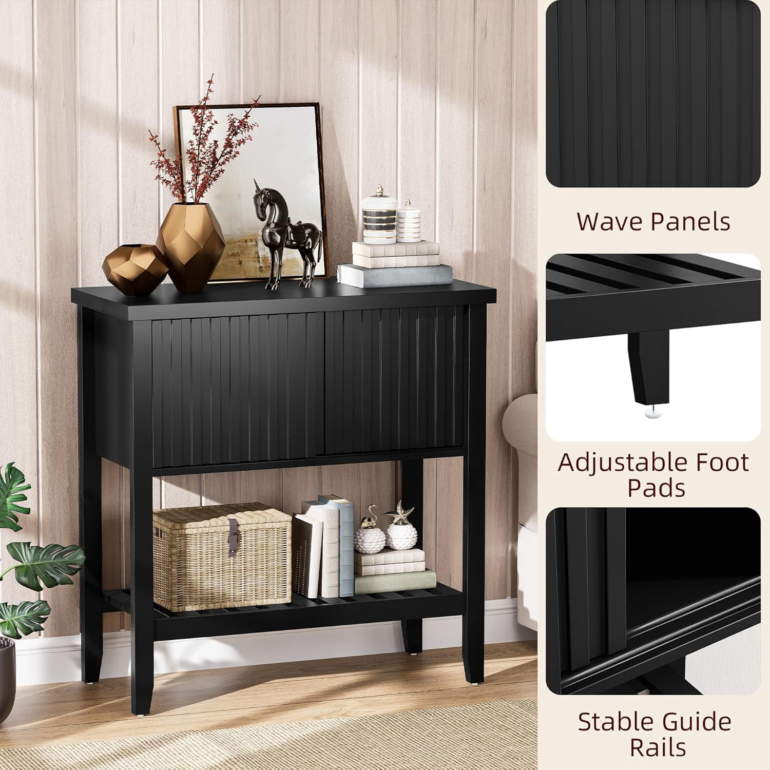 FROMJBEST 31.5" Black Entryway Console Table with Sliding Drawer Doors and Storage Shelf for Hallway, Living Room, or Office
