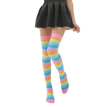 

SANAG Pack of 2 Striped Plus Size Thigh High Socks Breathability Unique Flexible Fad Appearance Non Slip Hose Sock Boots Stockings pink rainbow