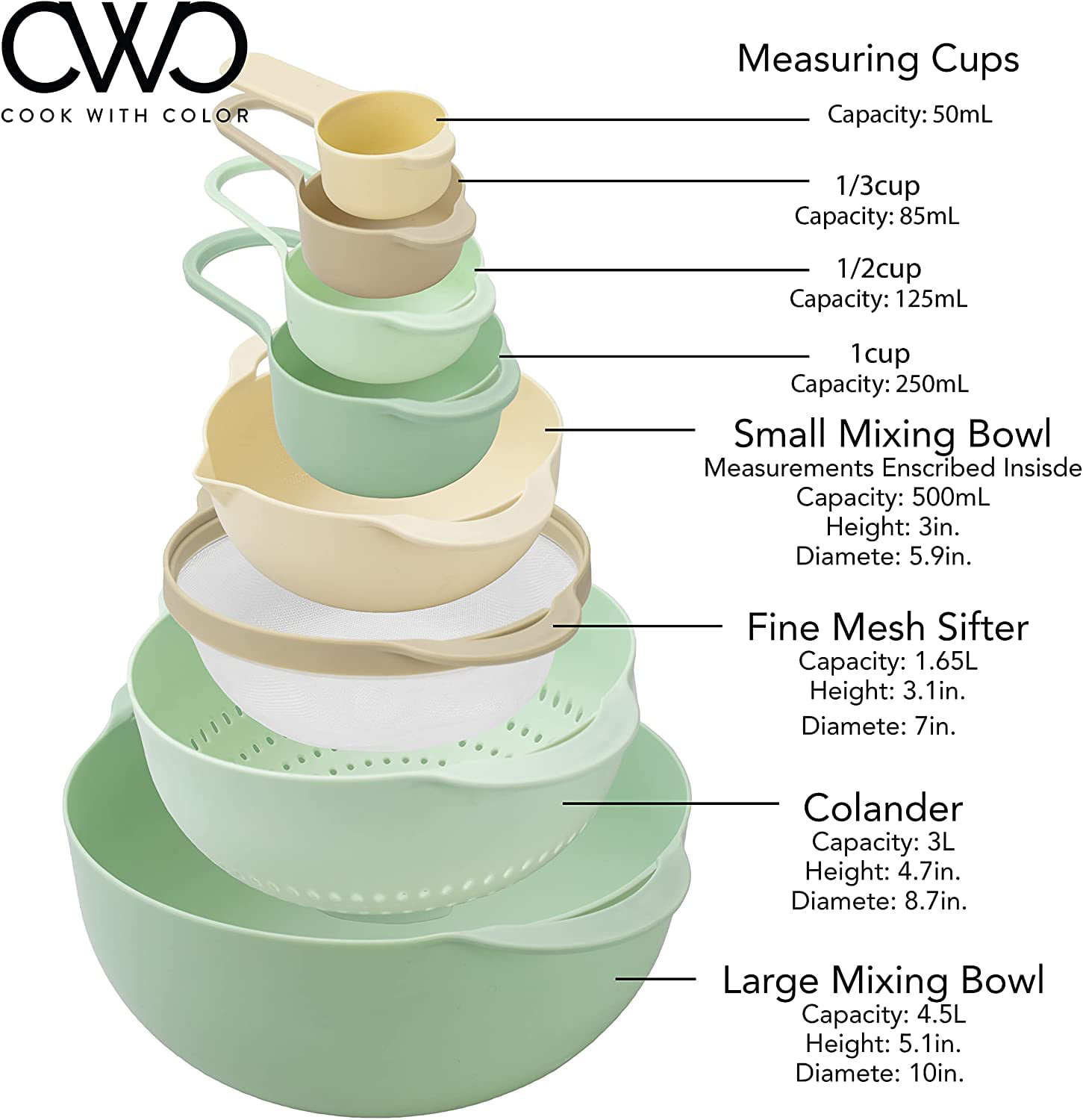 Cheap PDTO Plastic Mixing Bowl Set with Colander Sifter Measuring Cups for  Kitchen Baking