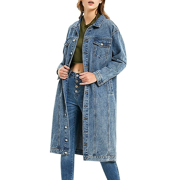 Women's Long Denim Jacket, Plus Size Oversized Trench Coat, Knee Length Jean Coat, Classic Four Pocket Jacket, Casual Everyday Wear Blue L