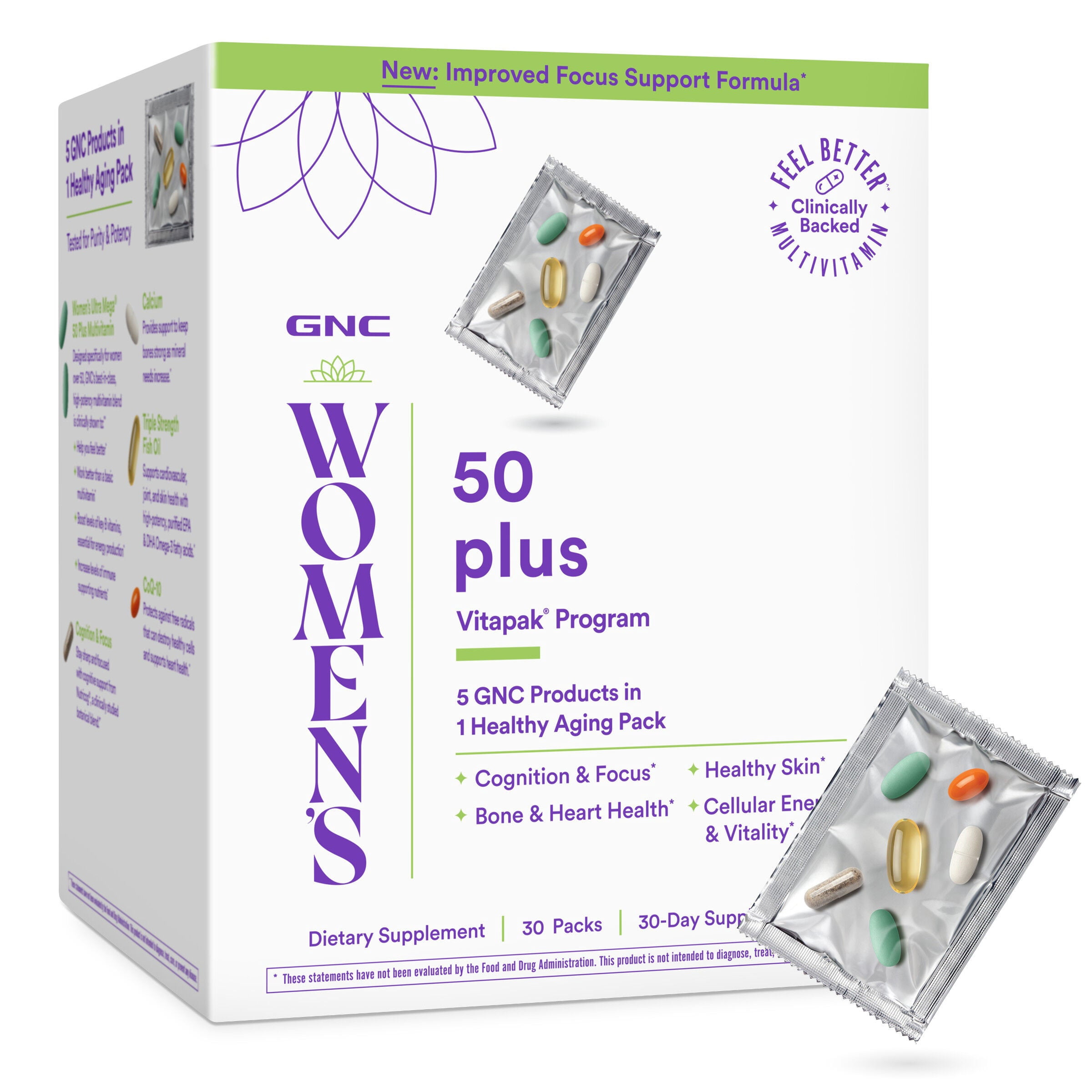 GNC Women’s 50 Plus Vitapak Program, Convenient Complete Nutrition, 5 Products in 1 Packet, Healthy Aging, Memory, Bone & Heart Health, with Proven Ingredients, Vitamin D-3, Biotin, 30 Daily Packs