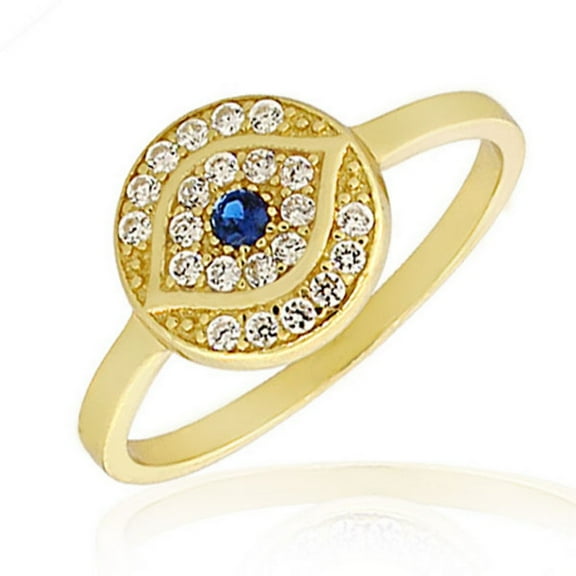 925 Sterling Silver Yellow Gold-Tone White Blue CZ Evil Eye Protection Ring Band - Size 5