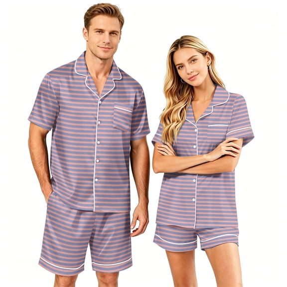 Couples Pajamas Matching Sets Silk Satin Short Sleeve Button Down Pjs Sleepwear Satin Pjs Shorts Set Soft Loungewear S-Xxxxl(Men)