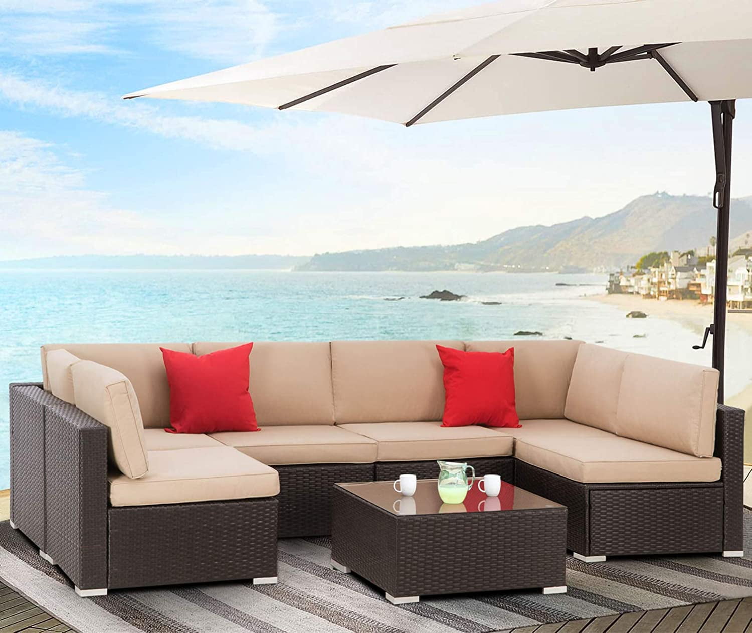 SUNCROWN Outdoor Patio Furniture 7Piece Sofa Set Black Brown Wicker