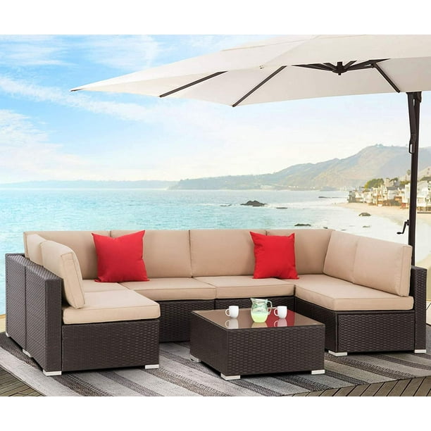 SUNCROWN Outdoor Patio Furniture 7Piece Sofa Set Black Brown Wicker