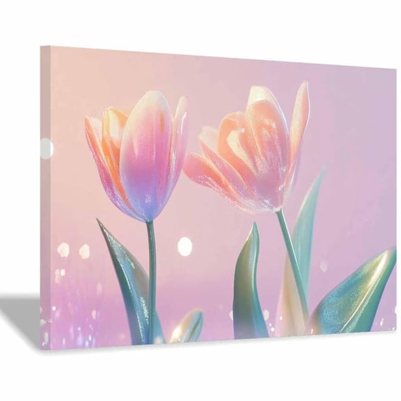 Mudket Framed Canvas Wall Art Pastel Pink Gradient Tulip Flower Bokeh Prints Wall Decor Soft Floral Canvas Print Ready to Hang for Bedroom Wedding Romantic Home Decor - 12"L x 8"W