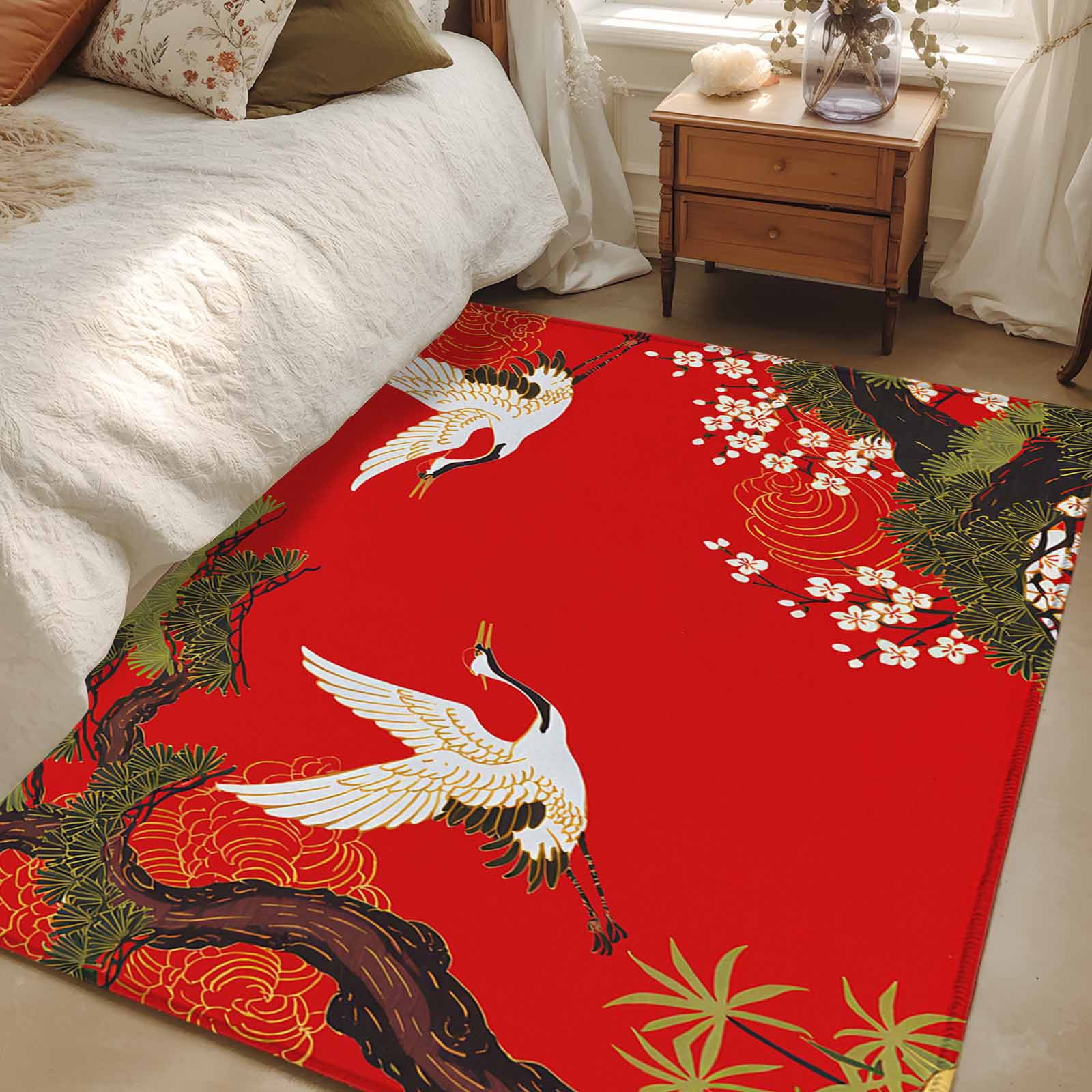 Rectangle Area Rug 4x6ft, Retro Crane Pine Flower on Red Non-Slip Non-Shedding Floor Mat, Asian Chinese Pastoral Scenic Washable Sturdy Carpet for Living Room Bedroom Home Decor
