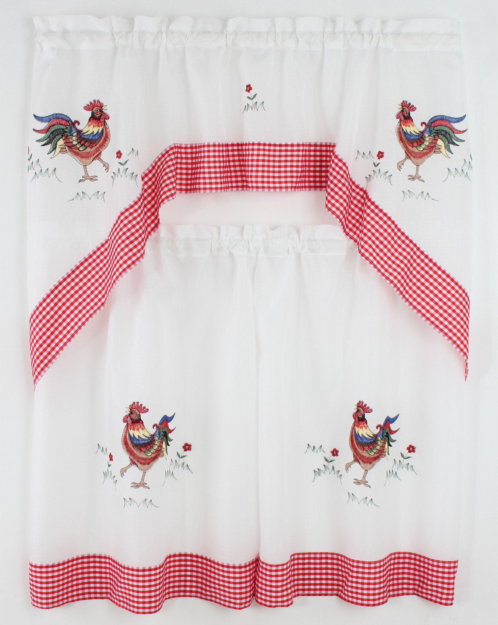 Rooster Kitchen Curtain with Swag and Tier Set 36 in with Checkers