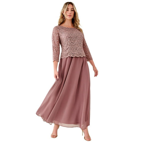 Roaman's Women's Plus Size Petite Plus Size Sequin Lace Three Quarter Sleeve A-Line Gown