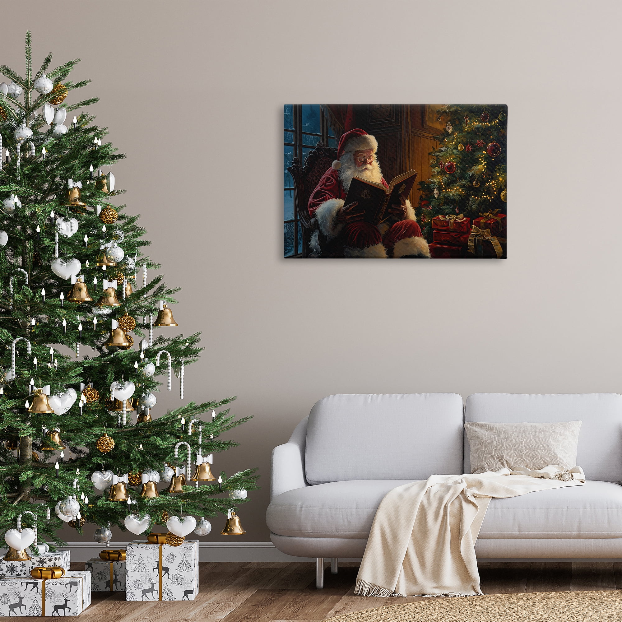 Stupell Industries Santa Reading by Tree Holiday Painting Gallery Wrapped Canvas Art Prints Wall Art, 36 x 24