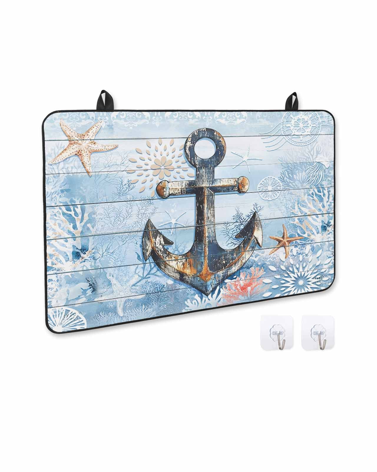 nqOlkjepod Large Induction Cooktop Protector Mat 24"x21", Nautical Anchor Stove Top Covers for Electric Stove, Blue Coastal Starfish Coral Wooden Grain Stove Burner Cover Mats, Glass Top Stove Cover