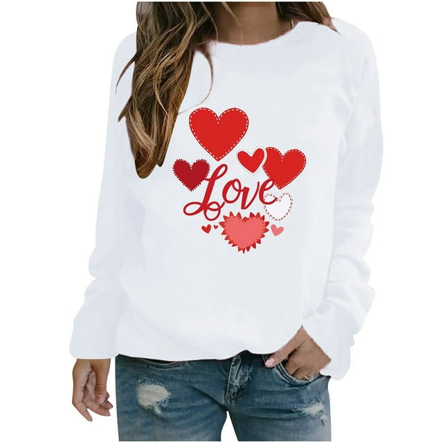 Amzcrzy Valentines Chandails de la Saint-Valentin pour Femmes Mode T-Shirt Graphique Cœur d'Amour Hauts Décontractés Confortables Col Rond Hauts de Printemps Été Classiques Polyvalents Manches Longues T-Shirts