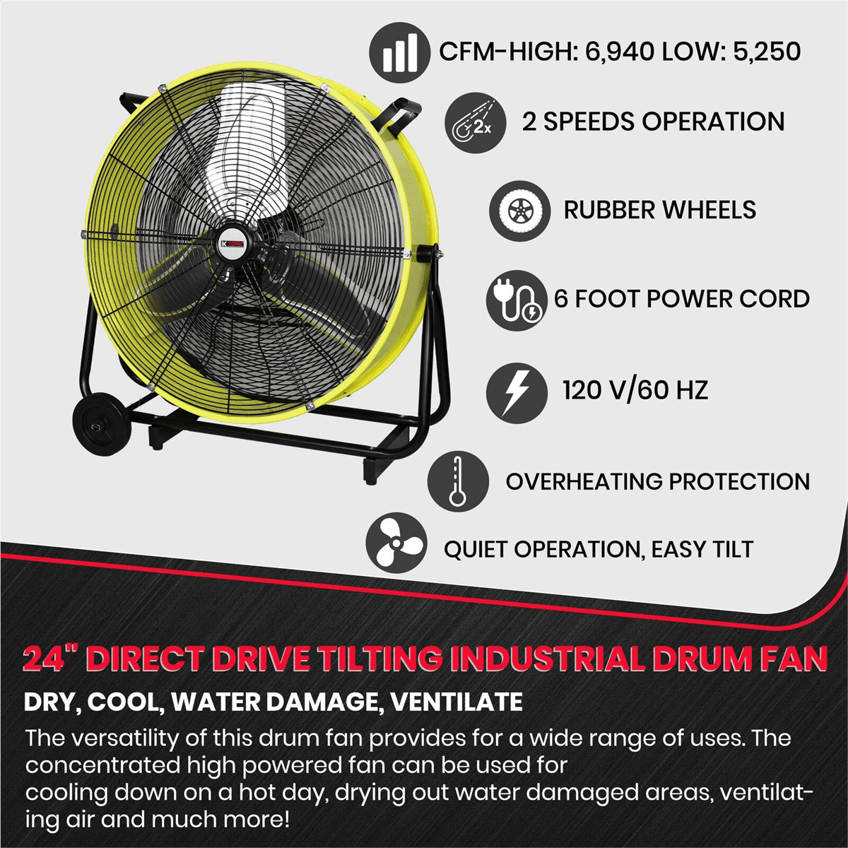K Tool International 77740 24" Direct Drive Yellow 2-Speed Drum Fan with Wheels