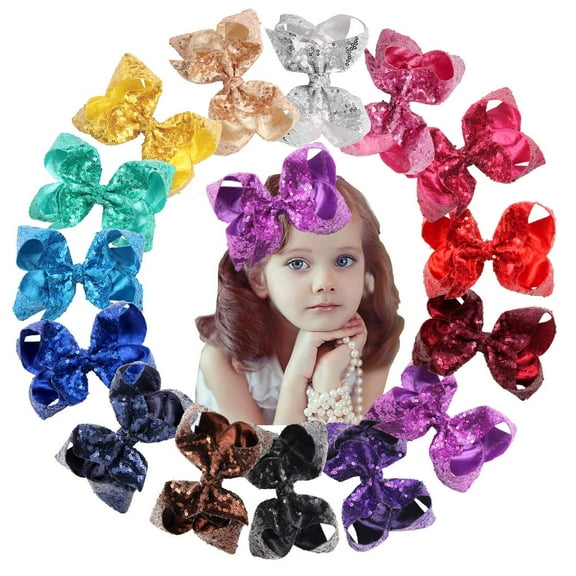 15PCS Large Sequin Hair Bows with Clips Sparly Rainbow Bow Hair Barrettes for Toddlers Kids Children Teens