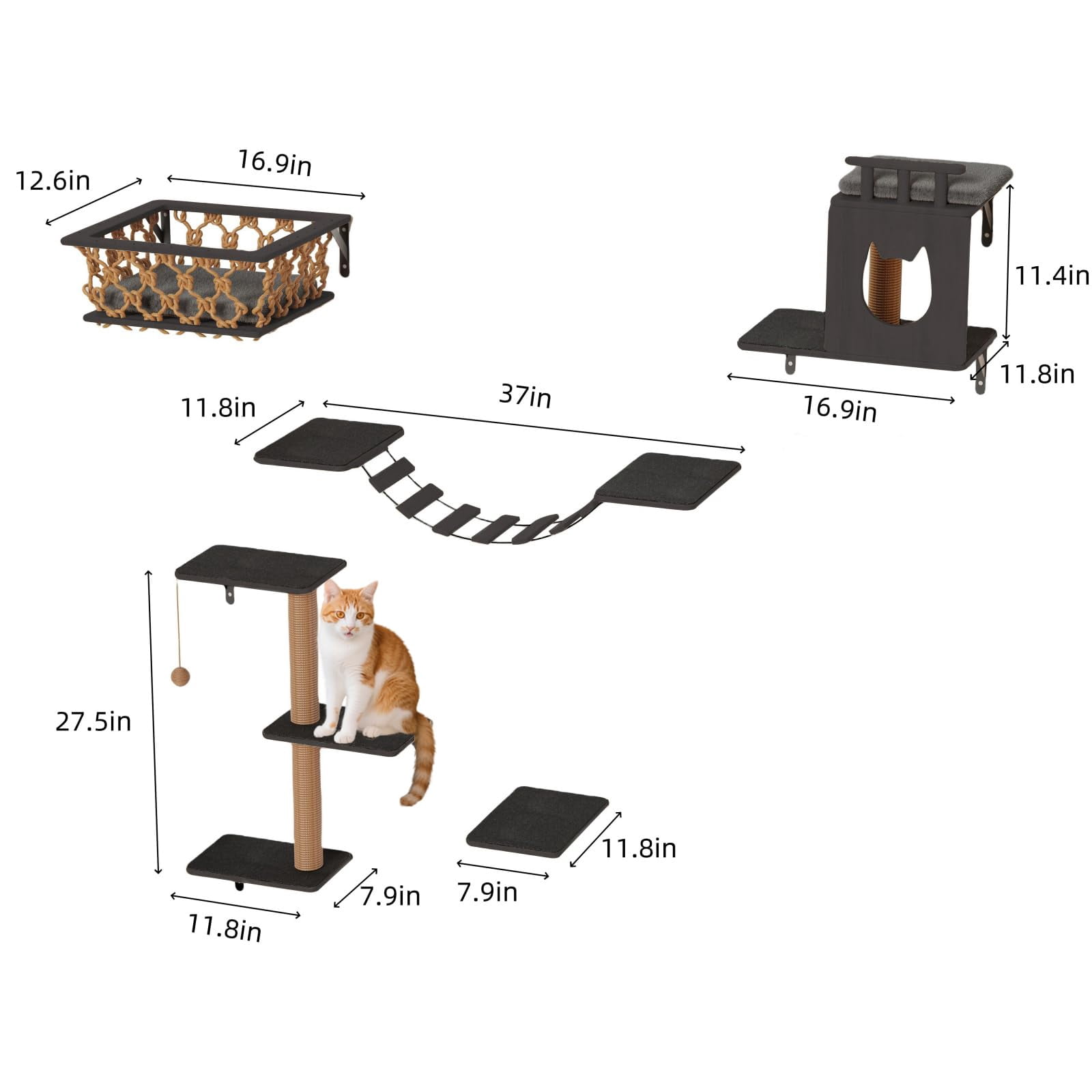 5-in-1 Cat Wall Shelves Set With Hammock  Wall-mounted Furniture Includes Condo Bridge Ladder & Steps For Indoor Cats Safe Stable (dark Gray)