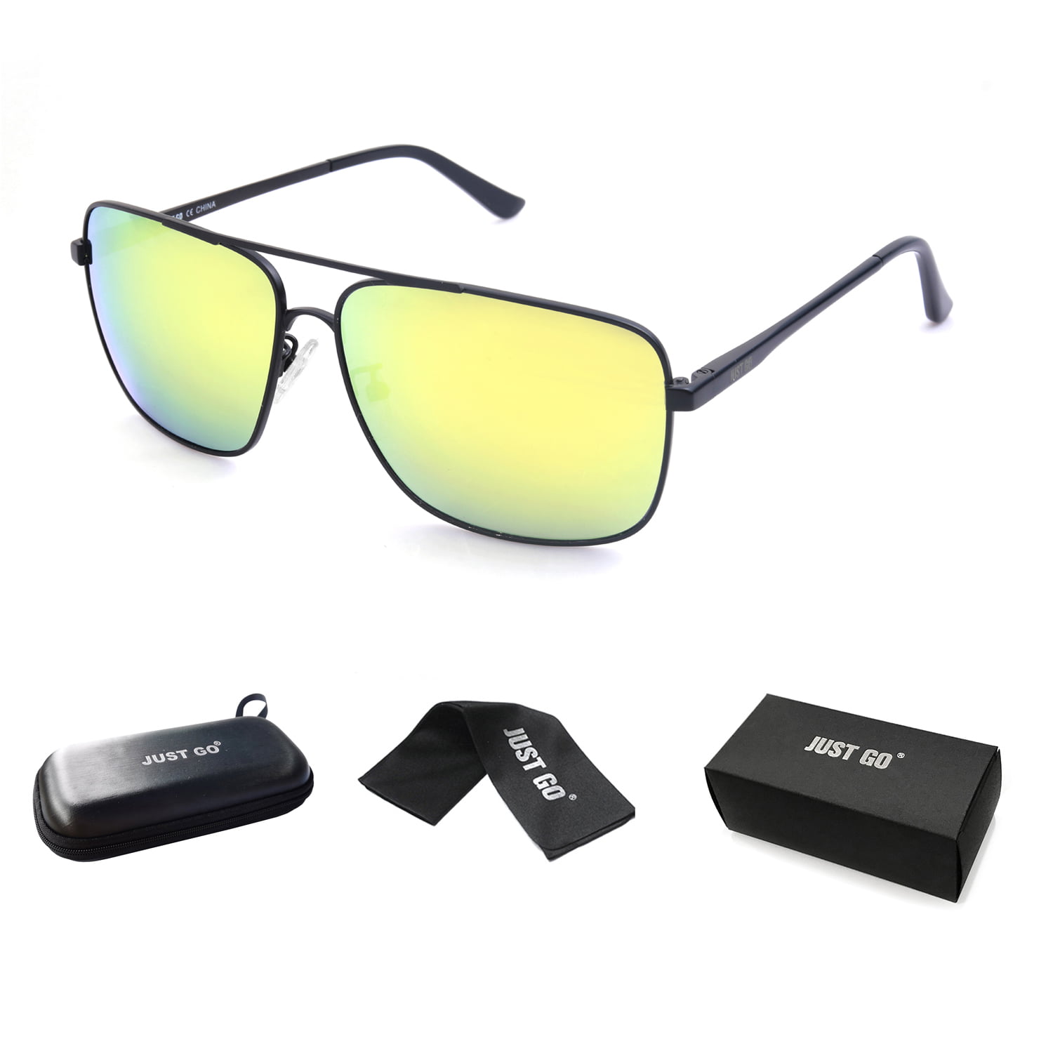 JUST GO Men Metal Frame Square Aviator Polarized Sunglasses, 100% UV  Protection, Matte Black, Grey 
