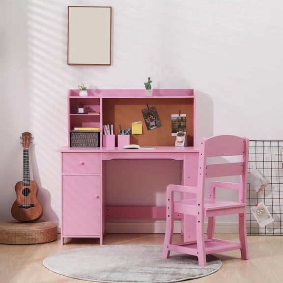 TROPOW Kids Desk, Study Desk and Chair Set for Boys and Girl, Wooden Kids Writing Table with Bookshelf, Bulletin Board, Cabinet and Drawer for Ages 3-8