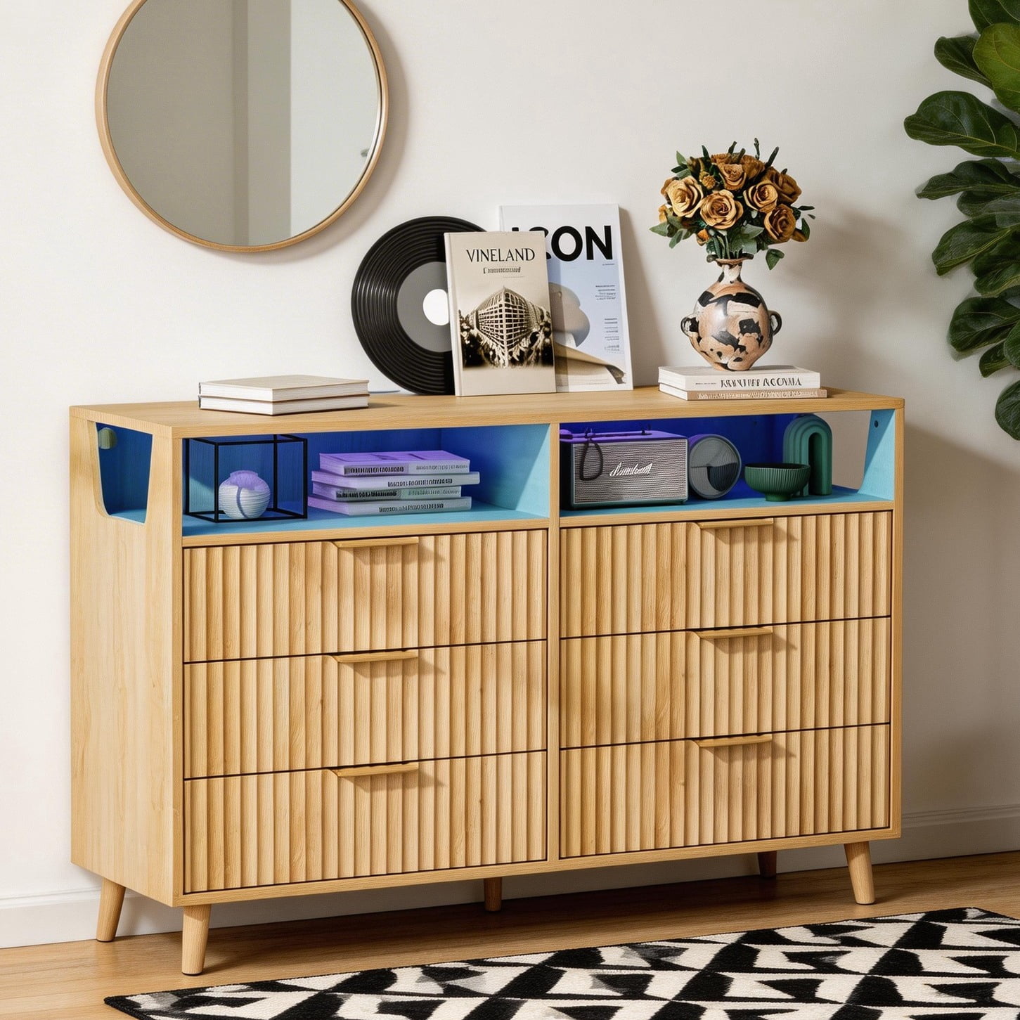 Ktaxon Fluted Dresser 6 Drawer Dresser with LED Lights Wood Chest of Drawers Storage Cabinet for Bedroom, Living Room Entryway Mid Century Oak