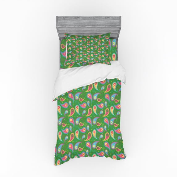 Paisley Duvet Cover Set, Teardrop Shape with Curved Tip and Simplistic Flower Blossom on Green Backdrop, Bedding Set with Shams and Fitted Sheet, 3 Sizes, by Ambesonne