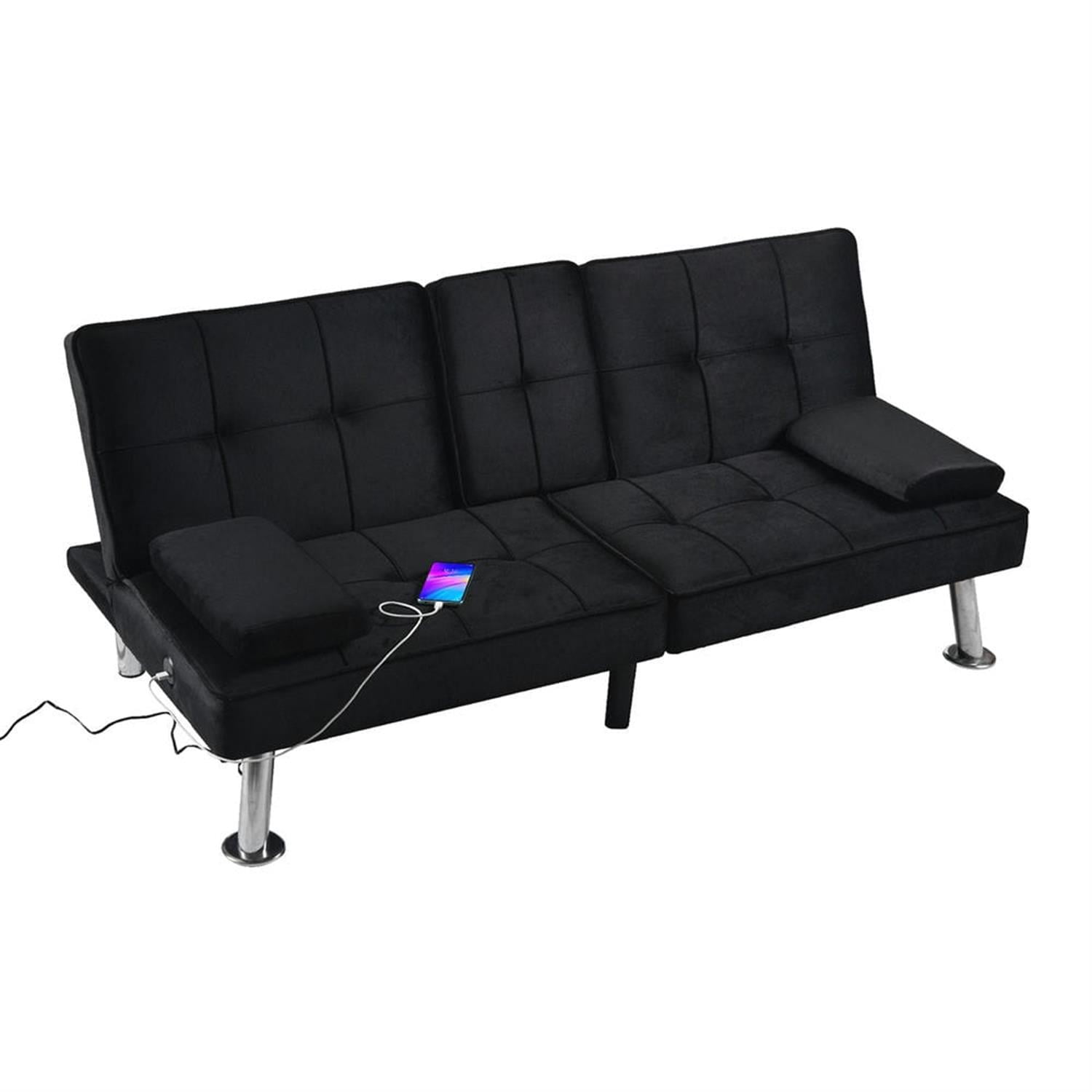 Demi Bonn Futon Sofa Bed, Velvet Futon Couch for Living Room, Recliner Sleeper Sofa with 2 Cup Holders, Removable Armrests, Metal Legs, Black
