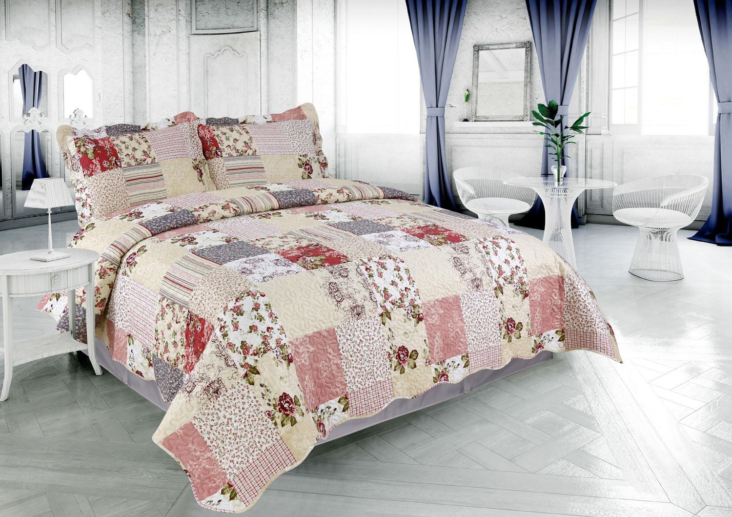 Couvre-lit Marina Décoration à motifs floraux en relief, doux et imprimé, avec taies d'oreiller assorties, motif à carreaux roses, violets et crème.