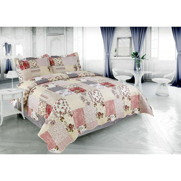 Marina Decoration Rich Printed Embossed Pinsonic Coverlet Bedspread Ultra Soft Bedding Summer Quilt Set with Shams, Floral Plaid Pattern Rose Green Red Purple Cream Color