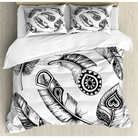 Feather Duvet Cover Set, Black Feathers with Prehistoric Tribal Geometrical Motifs Arranged in a Circle, Decorative 3 Piece Bedding Set with 2 Pillow Shams, King Size, White and Black, by Ambesonne