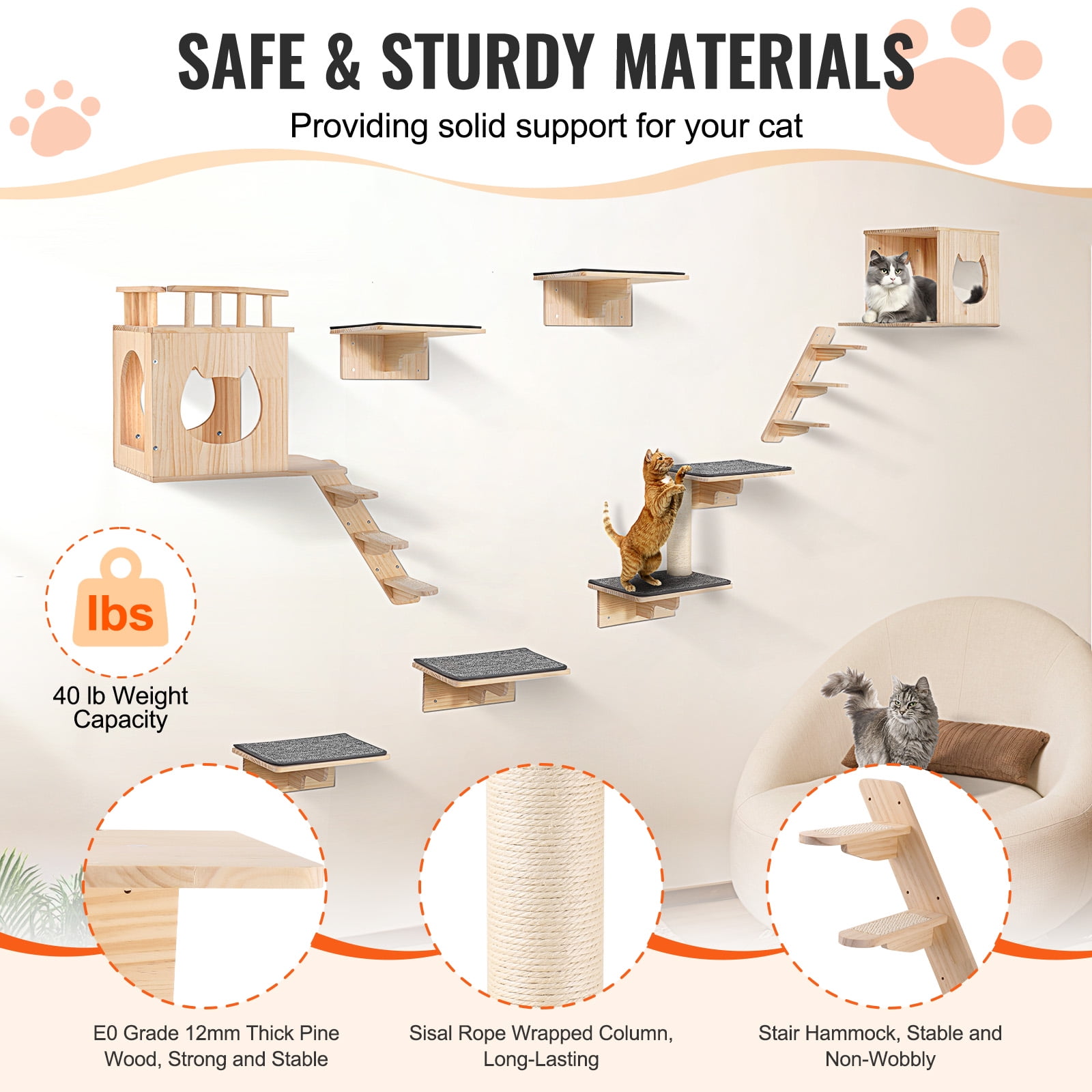 KFFKFF Cat Wall Mounts, Wall Perches and Leaping Platforms, Feline Beds, Loungers & Cat Tower, Cat Play and Rest Furniture, Supports up to 40 lbs for Resting, Frolicking, Ascending, 9-Piece Set