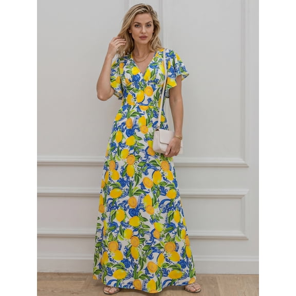 Women's Lemon Floral Maxi Dress V-Neck Flutter Sleeve Casual Boho Long Summer Sundress