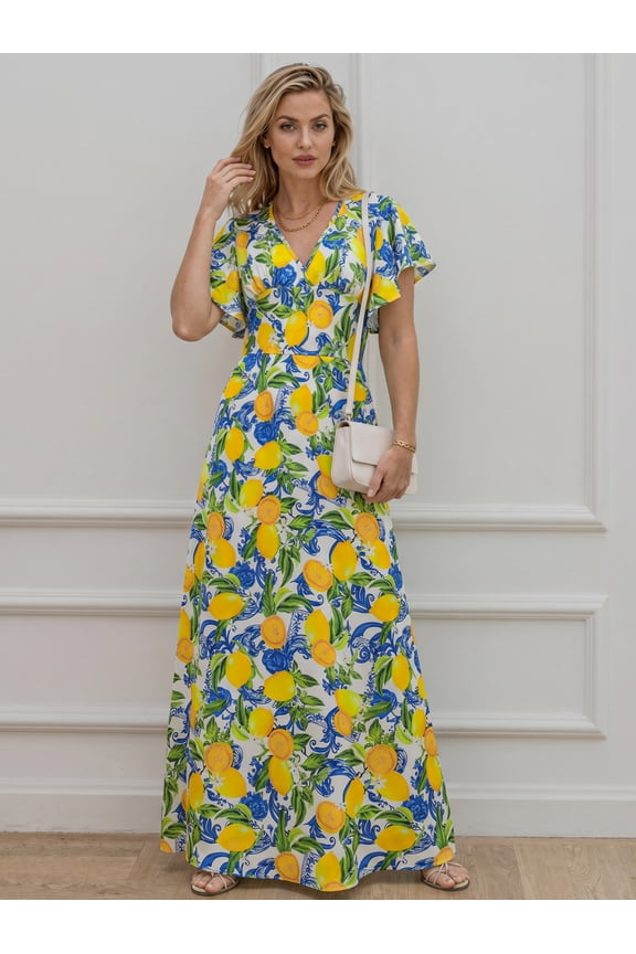Women's Lemon Floral Maxi Dress V-Neck Flutter Sleeve Casual Boho Long Summer Sundress