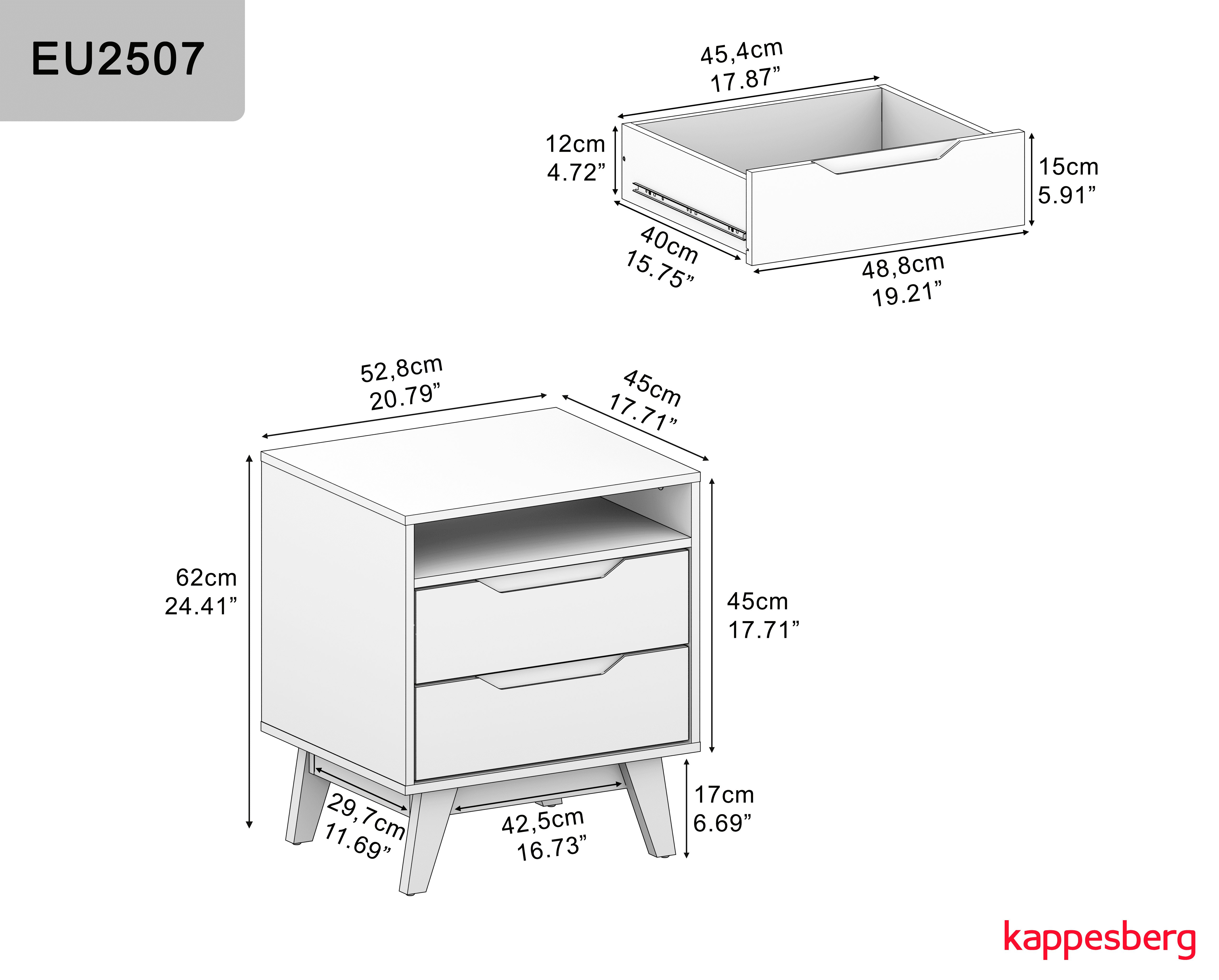 Kappesberg Paris 2-Drawer Nightstand with Open Shelf and Built-In Handles - White - for Adults and Teens