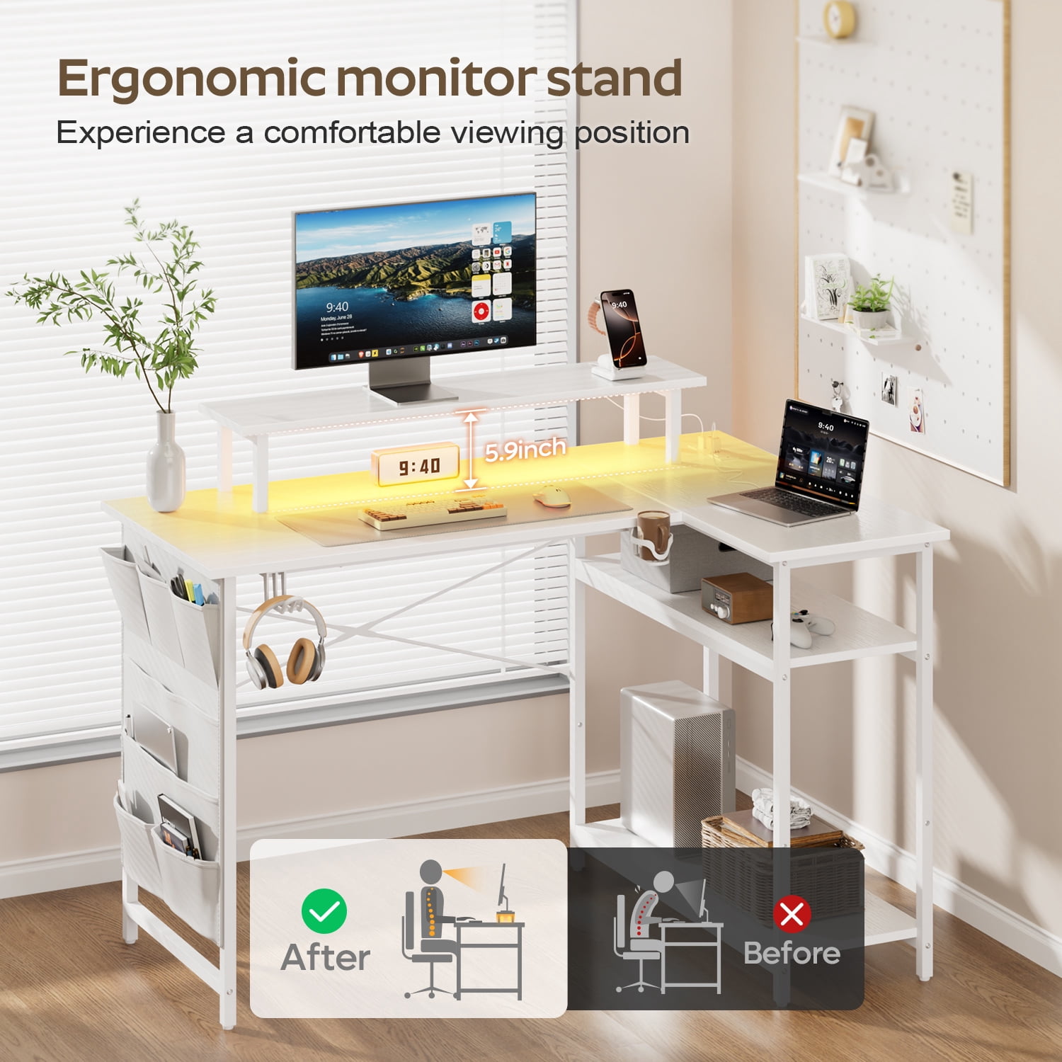 HLDIRECT 43 Inch L Shaped Computer Desk with Power Outlet, Gaming Corner Desk with LED Lights, Home Office Table with Storage Shelves & Monitor Stand, White