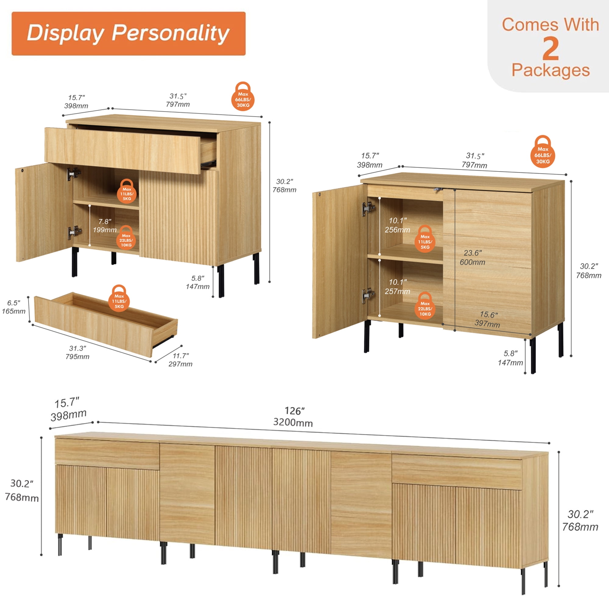 126" Modern Reeded Drawer Dresser Set with Doors for Bedroom, Minimalist Chest of Drawers with Storage, Wooden Dresser for Living Room, Bedroom, Entryway