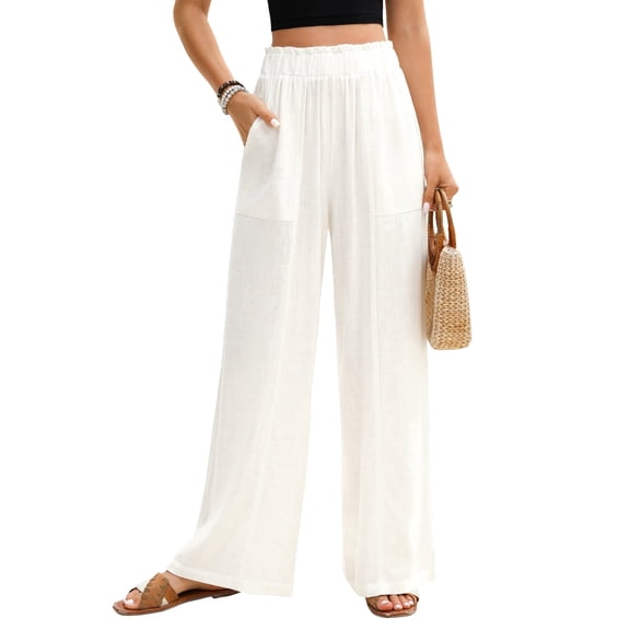 LVWQ Women Linen Wide Leg Pants High Waisted Drawstring Elastic Waist Palazzo Trousers with Pockets Summer Beach Casual Loose Fit