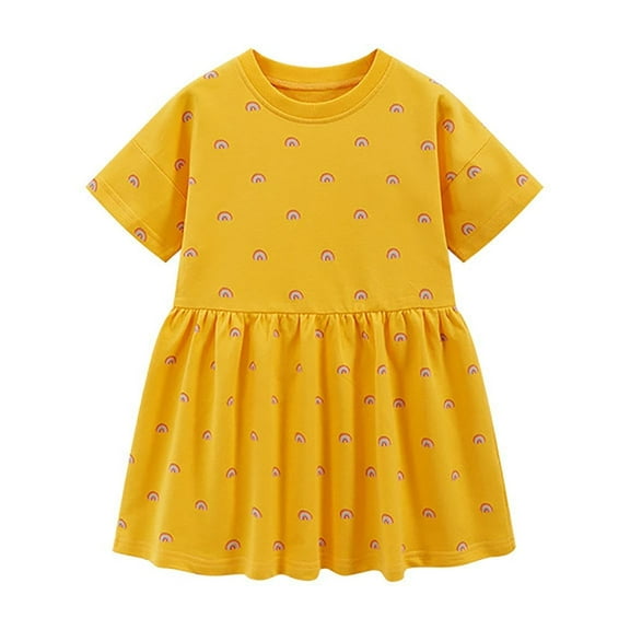 Cethrio Kids Girls Casual Dresses, Short Sleeve Cute Cotton Printed Summer Dress Yellow Size 4T