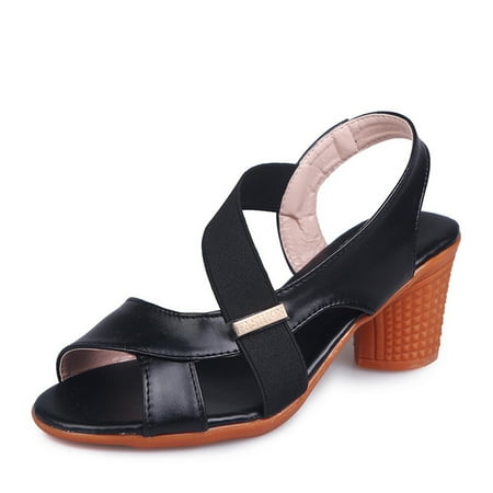 

Women Peep Toe Heel Sandals Elegant Lady PU Non-Slip Sandal for Dresses Jeans Skirts Short Pants 37 Black