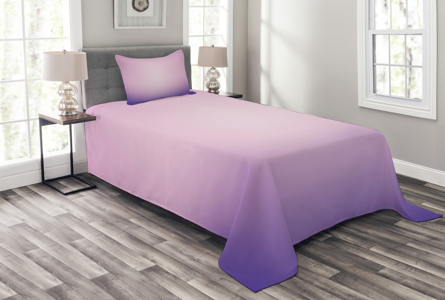 Lavender Bedspread Set, Pink and Purple Ombre Print Modern Pastel Color