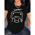 thumbnail image 1 of Women'S Casual Crew Neck T-Shirt with Lucky Bear Print, Fashionable Short Sleeve Top, Medium Stretch Polyester (95%) & Spandex (5%), All-Season Animal Pattern Tee for Sports & Leisure, 1 of 8