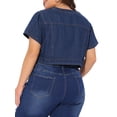thumbnail image 3 of Chaleco de mezclilla recortado para mujer Agnes Orinda, talla grande, con cuello redondo, botones, mangas cortas, chaqueta de mezclilla casual con decoración de bolsillo 2X azul oscuro, 3 of 6