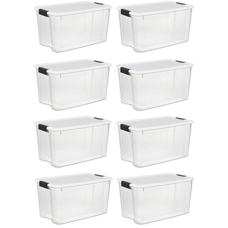 Ultra Poly Bins - Sterilite 70 Quart Ultra Latch Storage Box with White Lid & Clear Base (8 Pack)