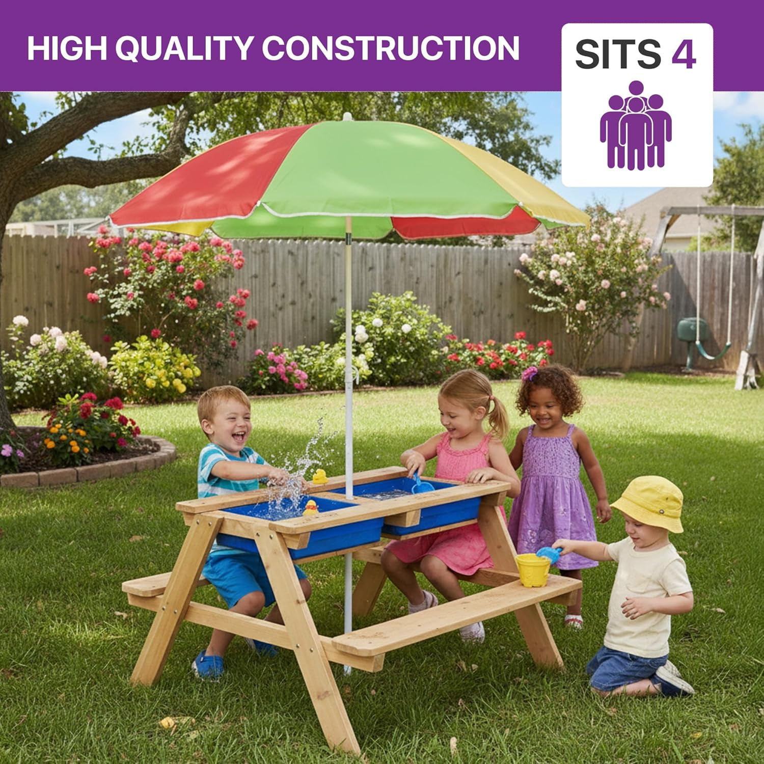 Plum® Surfside Wooden Sand and Water Table with Umbrella - Outdoor Kids Picnic Table with Adjustable Parasol and Removable Tabletop, Toddler Sensory Toys, Sturdy, Weatherproof, Easy to Clean, Ages 2+