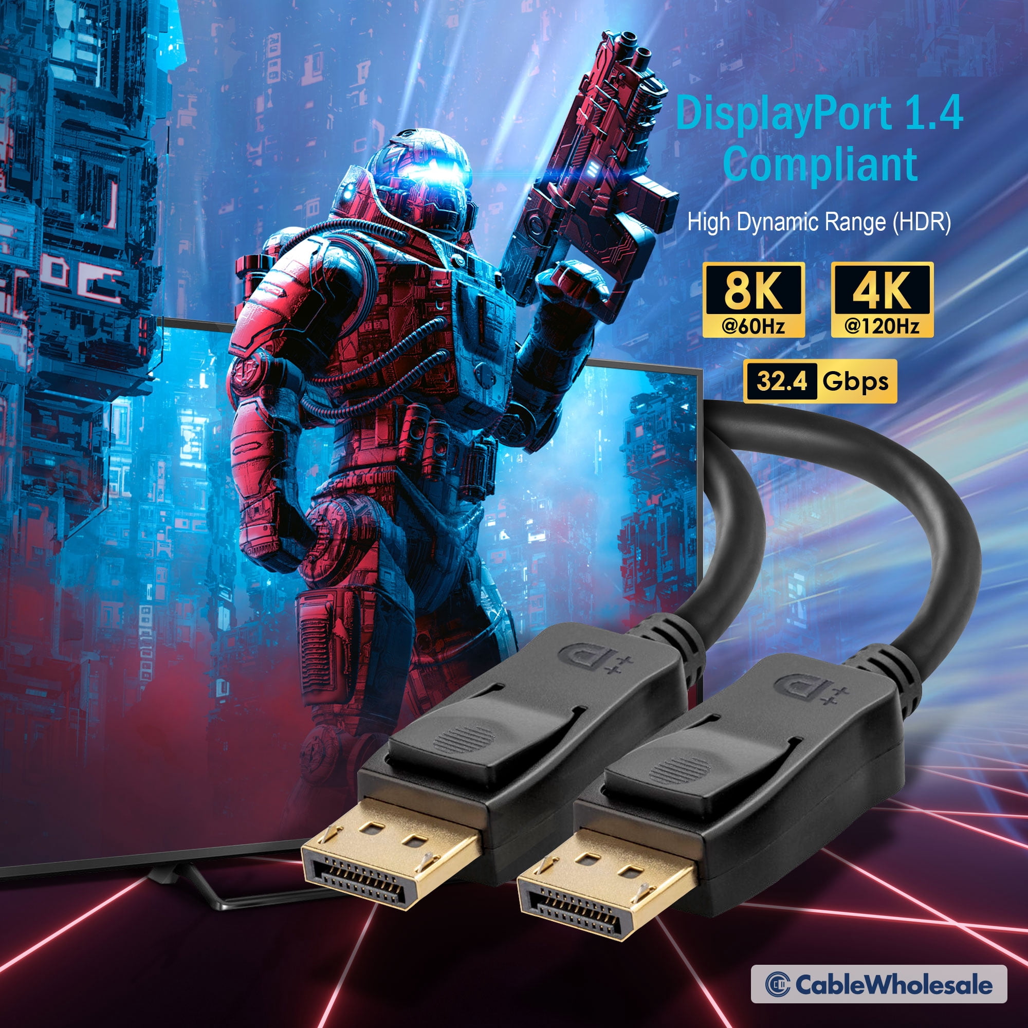 Cablewholesale 10H1-70115 15 ft. 32.4 GbitS Data Rate 8K-60Hz & 4K-120Hz, Displayport Male Displayport V1.4 Video Cable