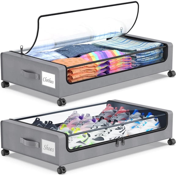 Under Bed Storage with Wheels, 2Pack Under Bed Storage Containers, Under Bed Shoe Storage Organizer, Rolling Under Bed Metal Drawer for Clothes, Blankets,Gary, 31 x 17 x 7.2 inches