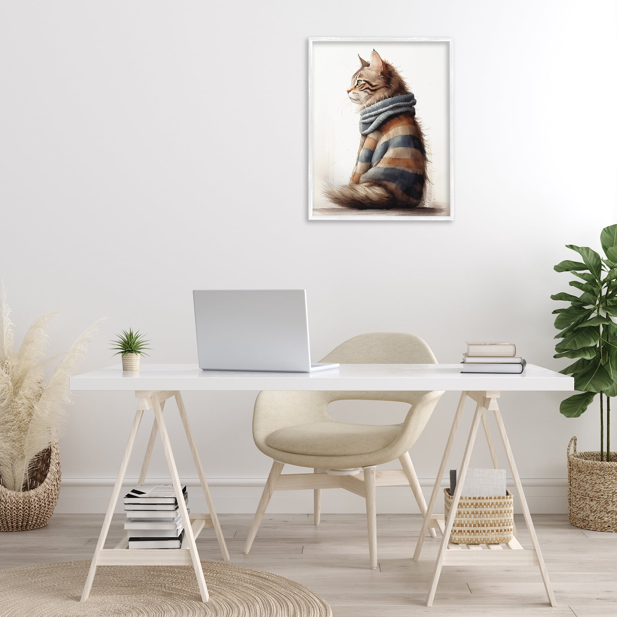 Stupell Industries Cat in Striped Sweater Animals & Insects Painting White Framed Art Print Wall Art, 24 x 30