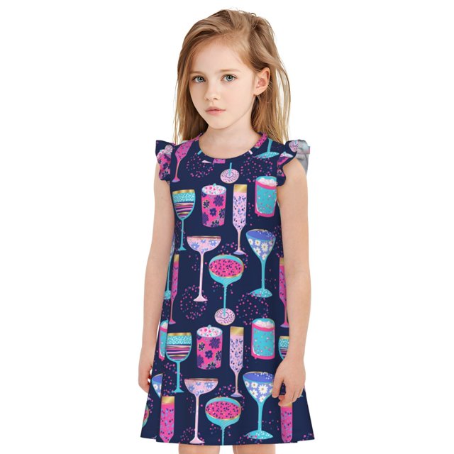 Fotbe Wine Glasses And Cocktails Vestido de Dormir para Niñas de 3 a 10 Años, Mangas Cortas, Estilo Princesa, Pijama Camisón con Mangas Voladas-Medium