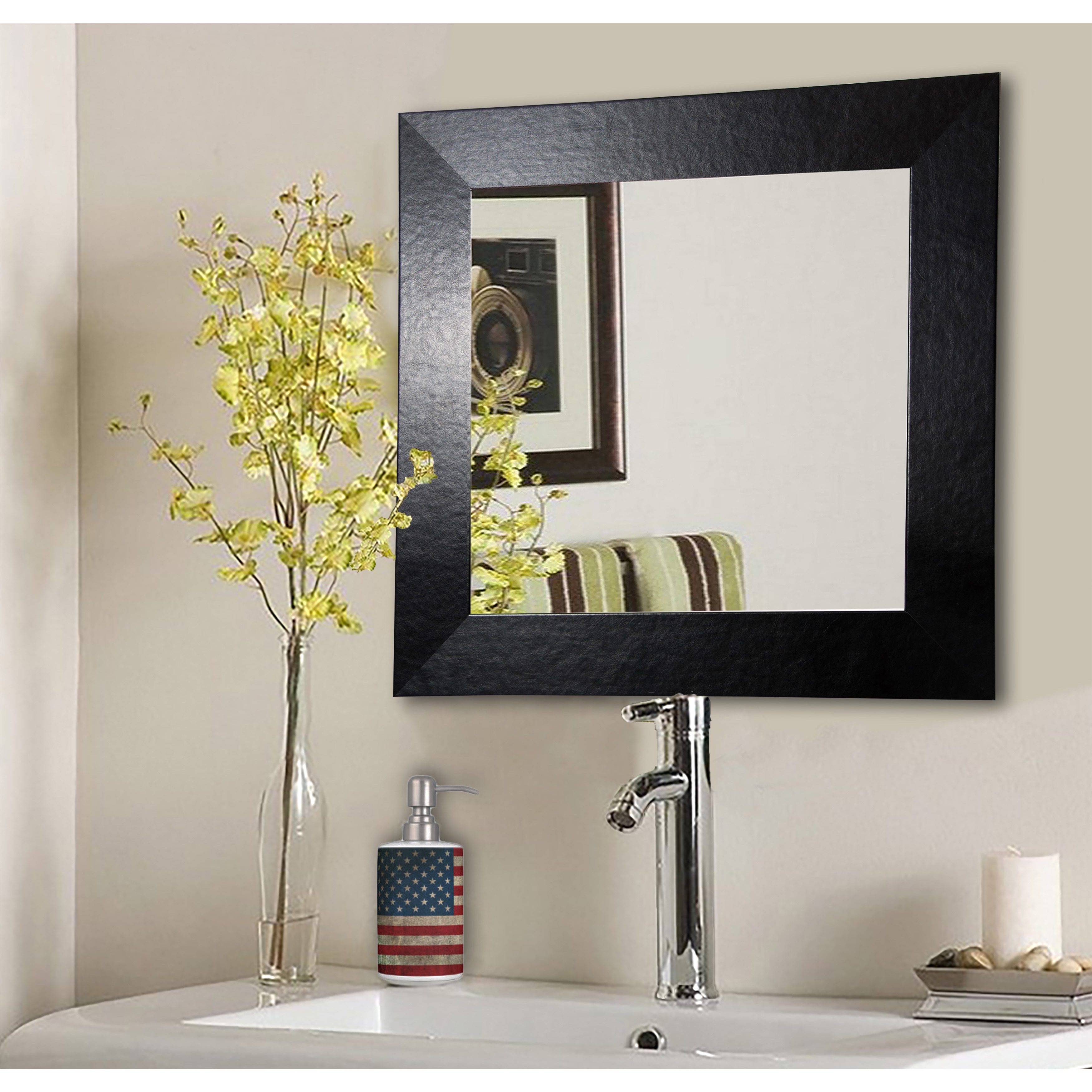 Rayne Mirrors American Made Rayne Black Wide Leather Vanity WallMirror